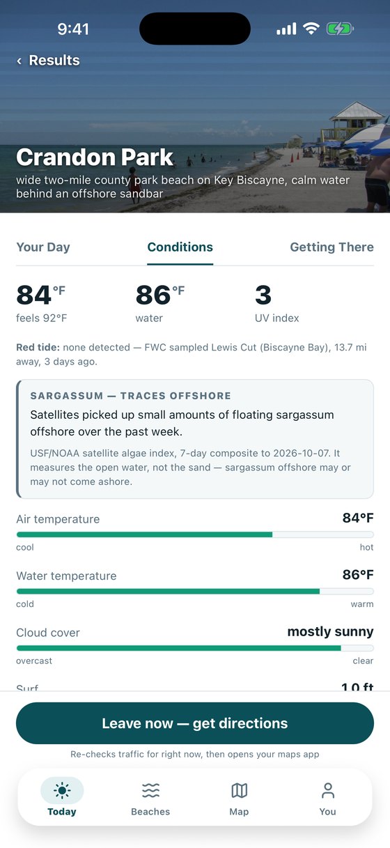 Conditions, including red tide and sargassum readings