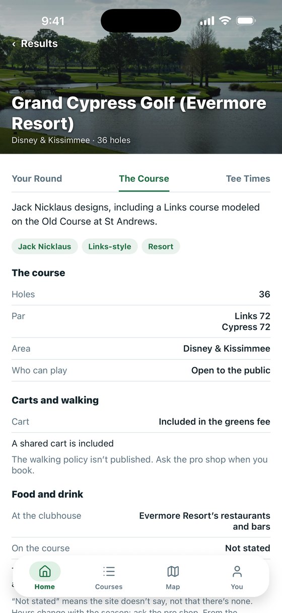 The course: who can play, carts, food and drink
