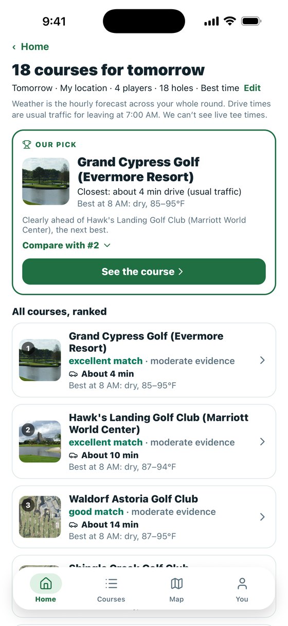 Results: courses ranked for your round, with the top pick
