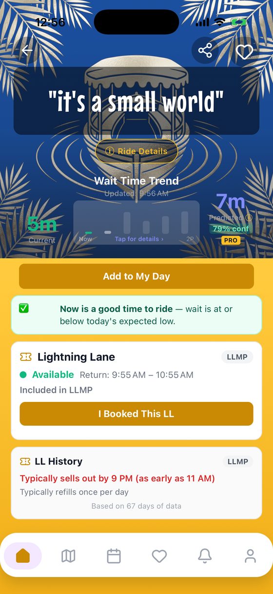 A ride page showing Lightning Lane available with a return window and its usual sell-out time