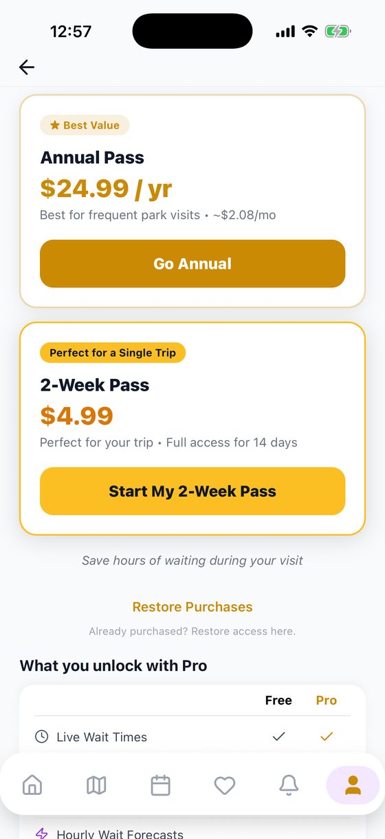 The MagiCalPulse Pro screen: Annual Pass $24.99 a year, 2-Week Pass $4.99