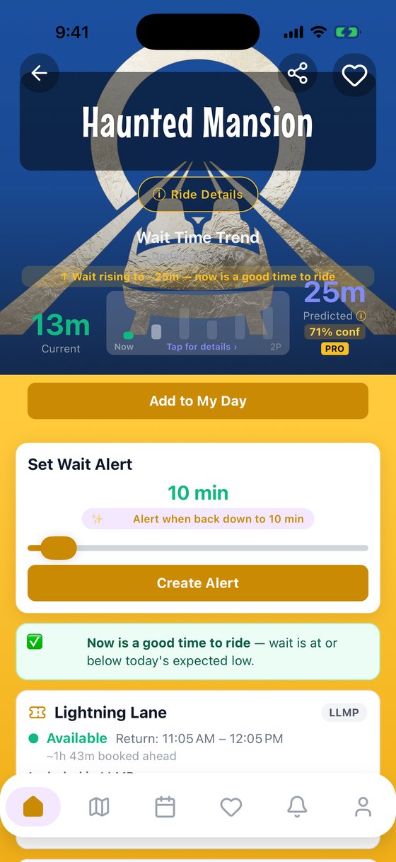 A ride page with the current wait, predicted wait, a wait alert and Lightning Lane status