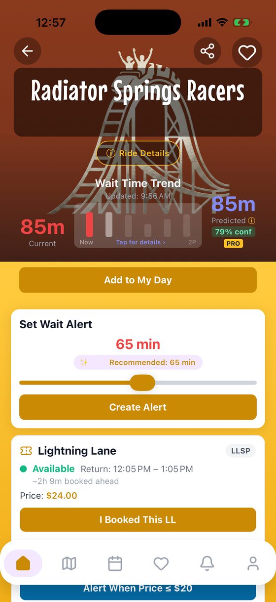 The Radiator Springs Racers page with an 85-minute wait, the predicted wait and a $24 Lightning Lane with its return window