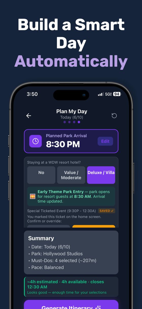 The day planner with park arrival, must-dos and pace