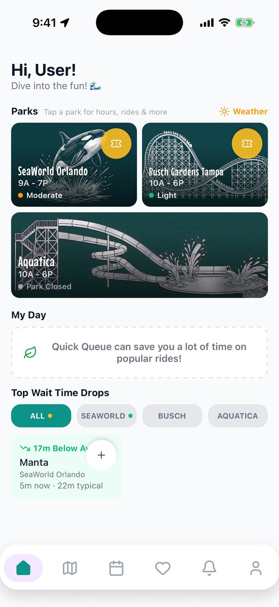 The SeaPulse home screen with all three parks, crowd levels and today's biggest wait-time drop