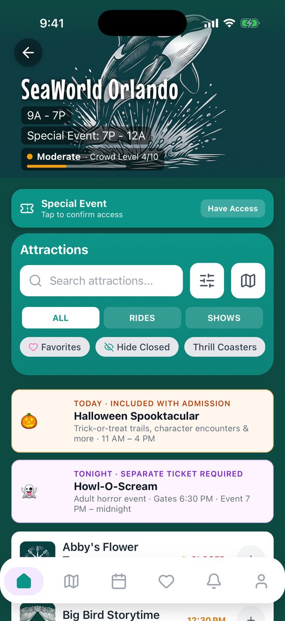 The SeaWorld Orlando park page showing today's Halloween events