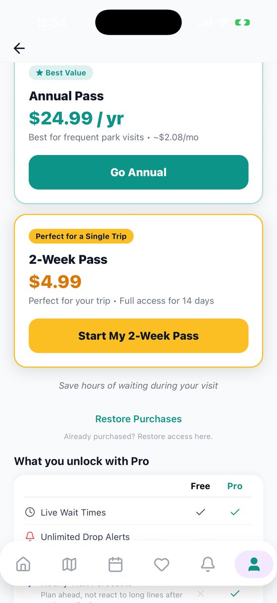 The SeaPulse Pro screen: Annual Pass $24.99 a year, 2-Week Pass $4.99