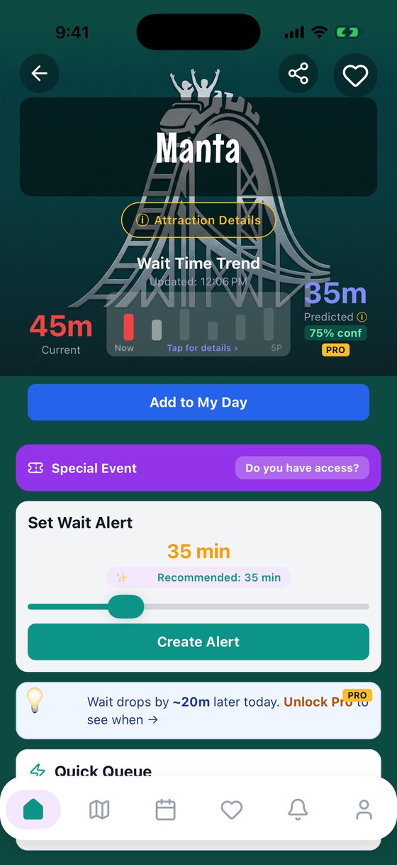 A ride page with the current wait, predicted wait and a wait alert
