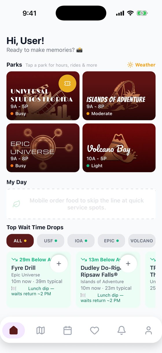 The StudiPulse home screen with all four parks, crowd levels and today's biggest wait-time drops