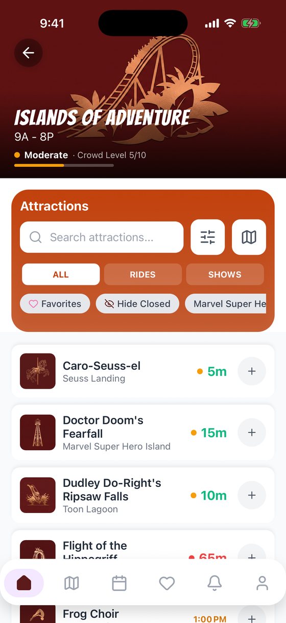 The Islands of Adventure park page with live waits for each attraction