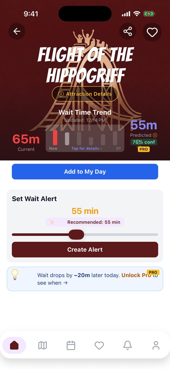 A ride page with the current wait, predicted wait and a wait alert