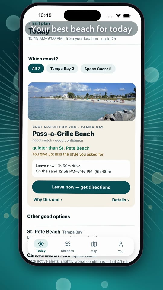 BeachPulse in 30 seconds: your best beach for today, why it won, your day hour by hour, live conditions, drive time and the map
